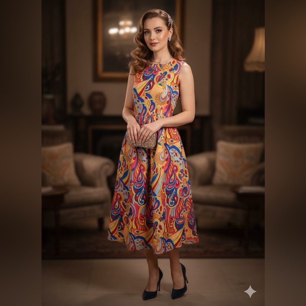 KOANDAILY Psychedelic Mod Floral Midi Dress Sleeveless Retro A-Line Glam Size M